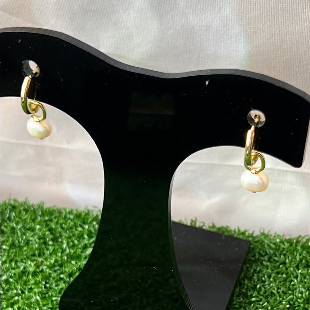 Gold Hoop Earrings with White Pearl Drop